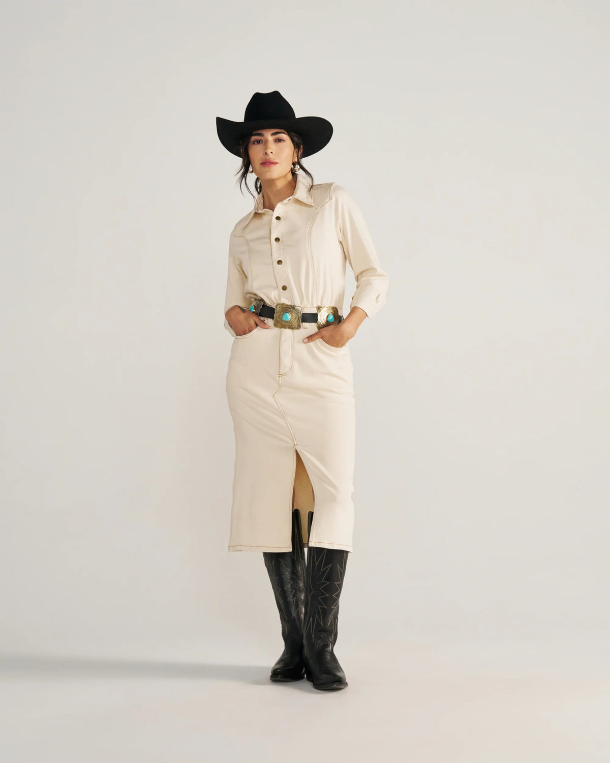 Women's Long Sleeve Natural Denim Midi Dress